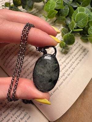 Prehnite Necklace detail view by Copper Ashes