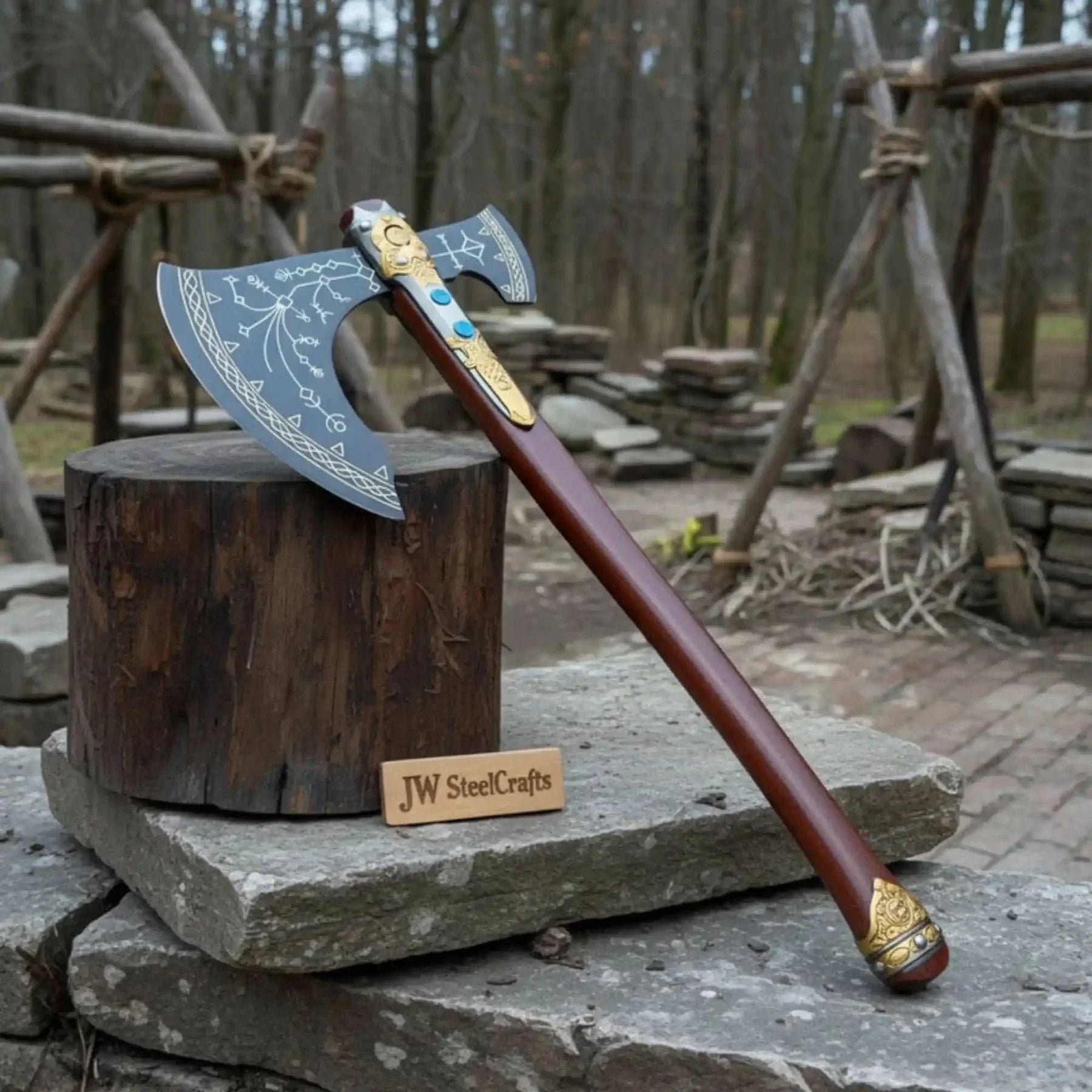 Hand Forged Viking Fantasy Double-Bit Axe with Norse Engraving, Gold Handle Fittings and Blue Gemstone Inlays by JW SteelCrafts, handmade jewelry detail photo 4