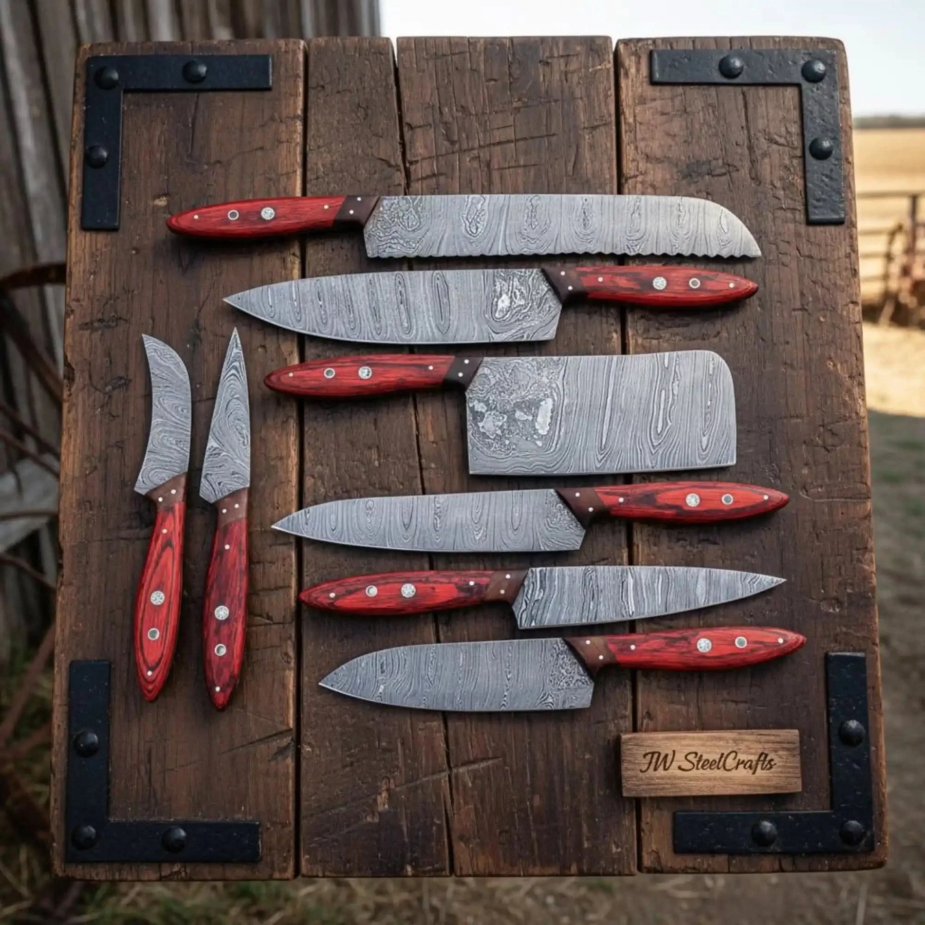 Damascus Kitchen Knife Set of 8, Hand-Forged with Red Pakka Handles by JW SteelCrafts, Damascus knife main product photo