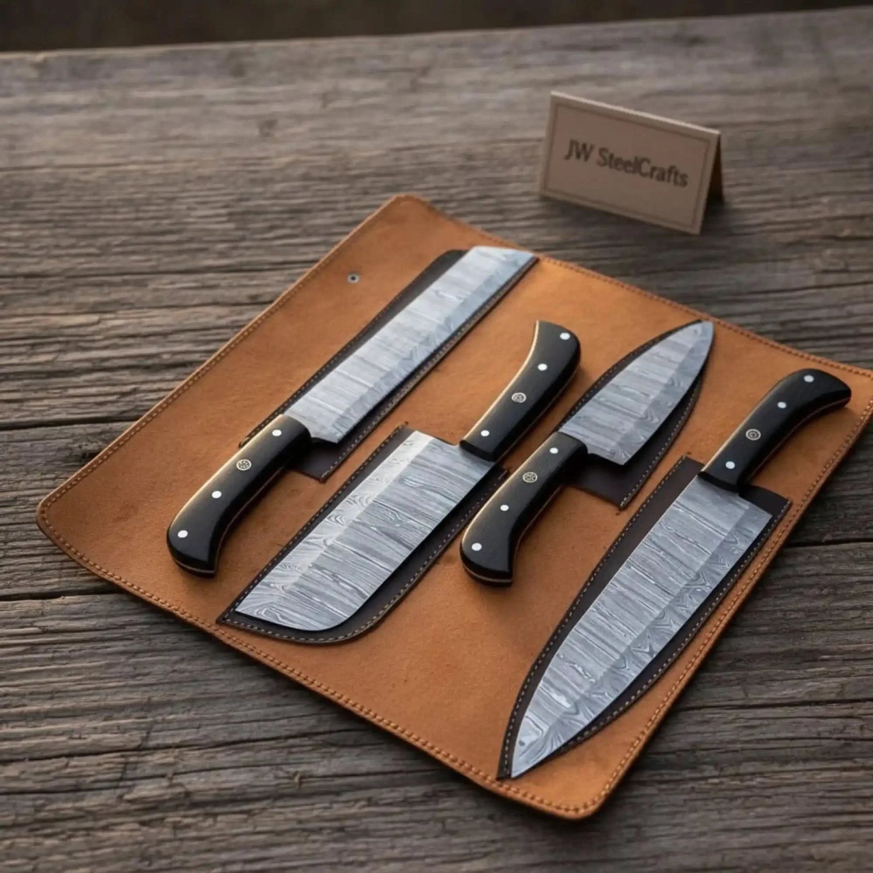 4-Piece Damascus Steel Kitchen Knife Set — Chef, Santoku, Cleaver & Utility detail view by JW SteelCrafts