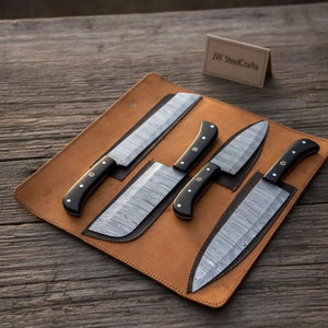 4-Piece Damascus Steel Kitchen Knife Set — Chef, Santoku, Cleaver & Utility detail view by JW SteelCrafts