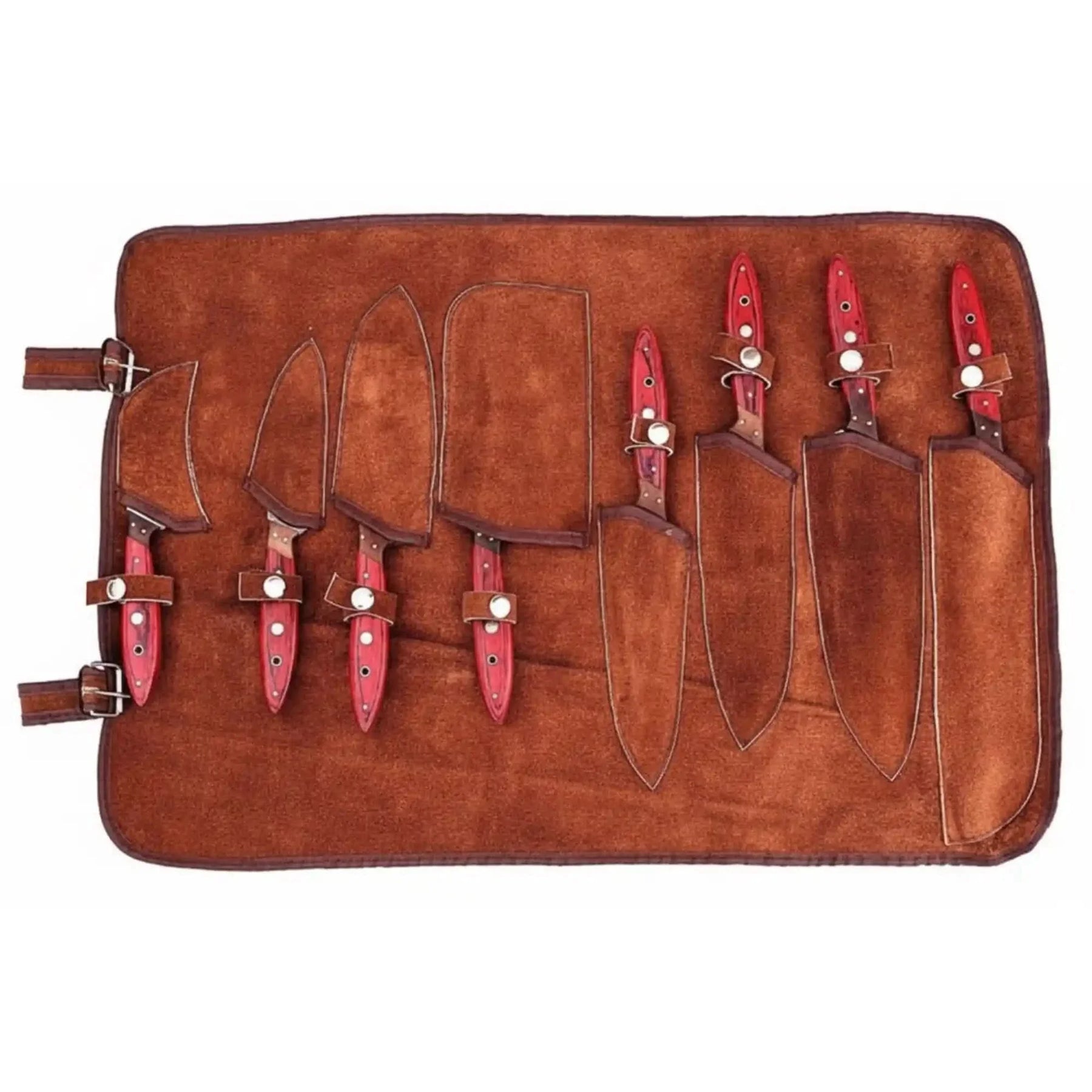 8 Piece Damascus Knife Set with Red Pakka Handles and Leather Roll detail view by JW SteelCrafts