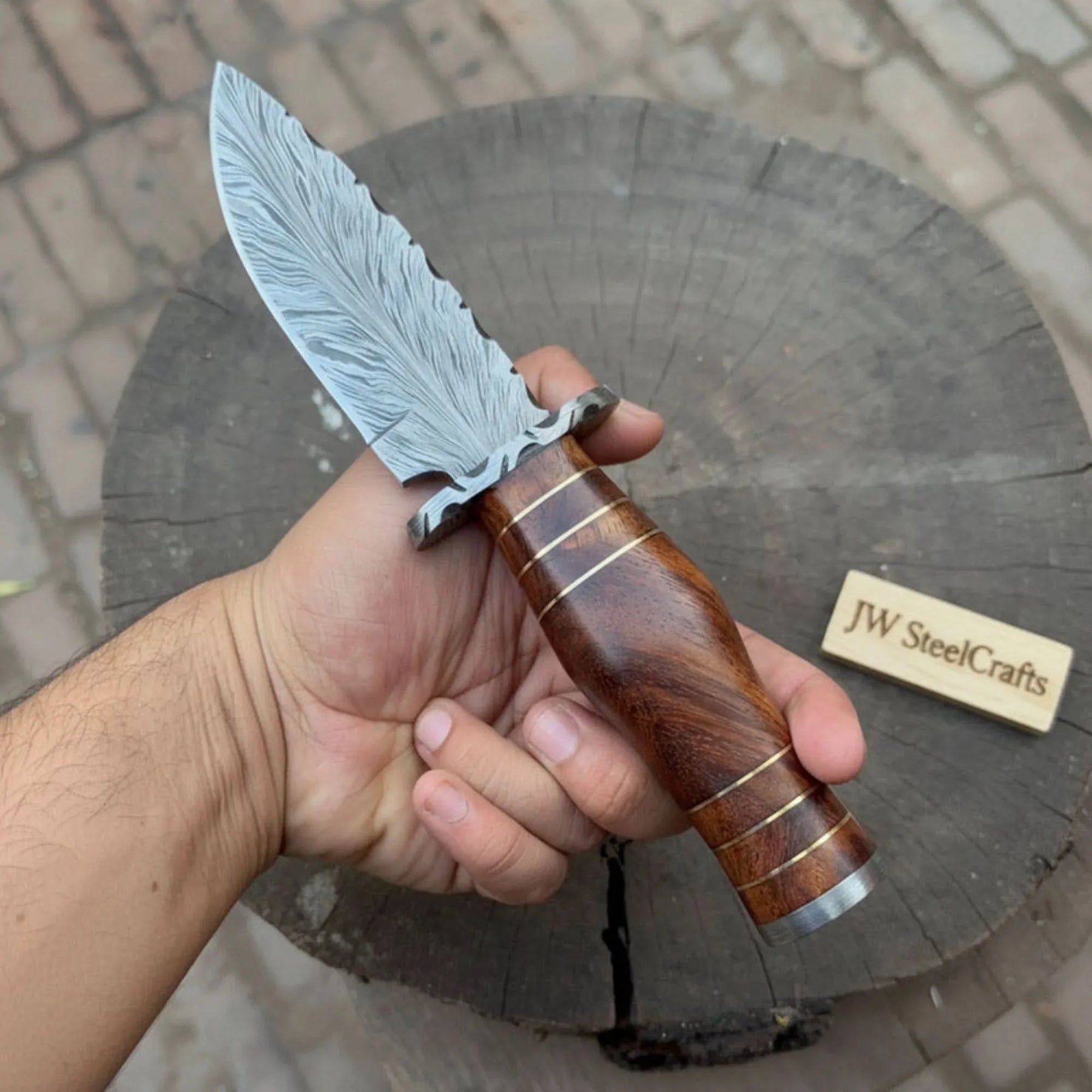Handmade Damascus Bowie Knife 4.5” Clip Point Blade Rosewood Handle & Guard by JW SteelCrafts