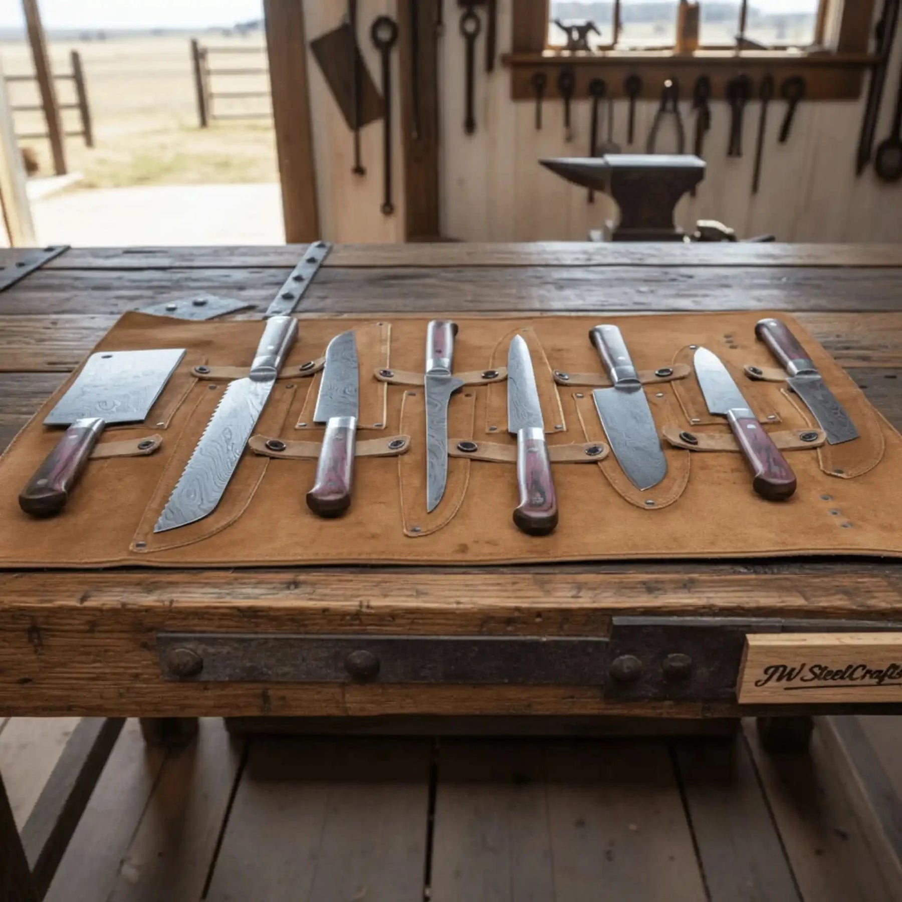 8-Piece Damascus Kitchen Knife Set — Red Pakka Wood Handles by JW SteelCrafts, Damascus knife detail photo 3