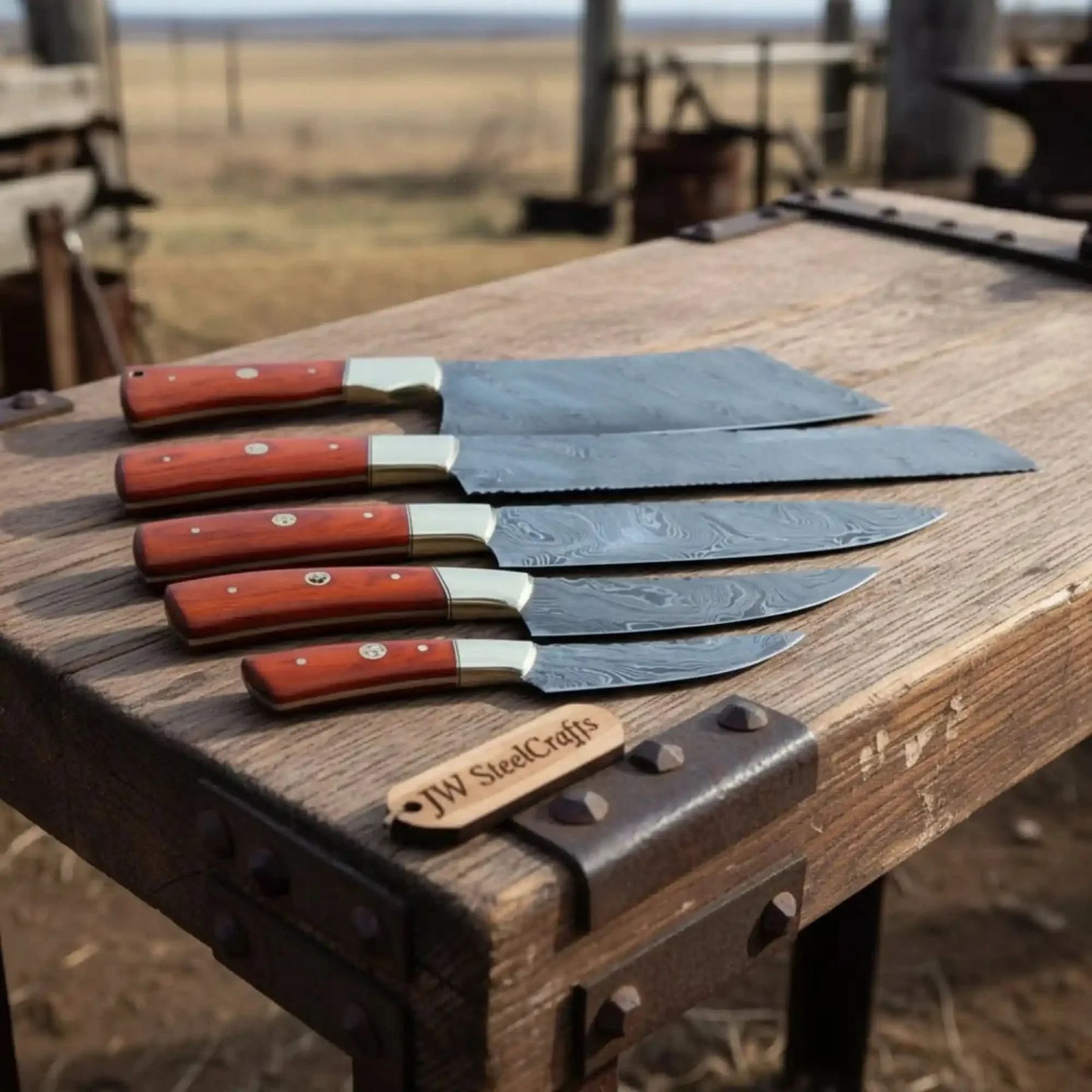 5 Piece Damascus Kitchen Knife Set with Rosewood Handles, Cleaver Bread Chef Utility and Paring Knives, Handmade Professional Cooking Set by JW SteelCrafts, Damascus knife main