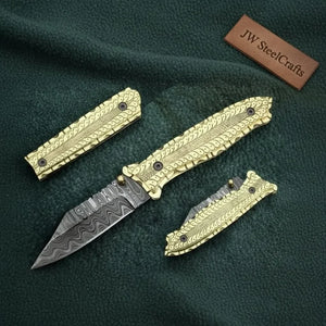 Handmade Damascus Steel Folding Knife with Olive Wood Handle – Brass Liner Pocket Knife by JW SteelCrafts, Damascus knife main product photo