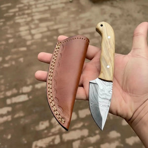 Handcrafted Damascus Steel Skinning Knife 7.5” Fixed Blade Olive Wood Handle Compact EDC with Leather Sheath by JW