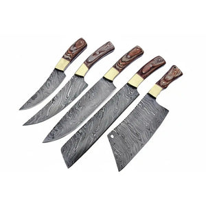 Handmade Damascus Kitchen Knife Set of 5 with Full Tang Wood Handles by JW SteelCrafts, Damascus knife detail photo 2