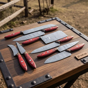 Damascus Kitchen Knife Set of 8, Hand-Forged with Red Pakka Handles by JW SteelCrafts, Damascus knife detail photo 5