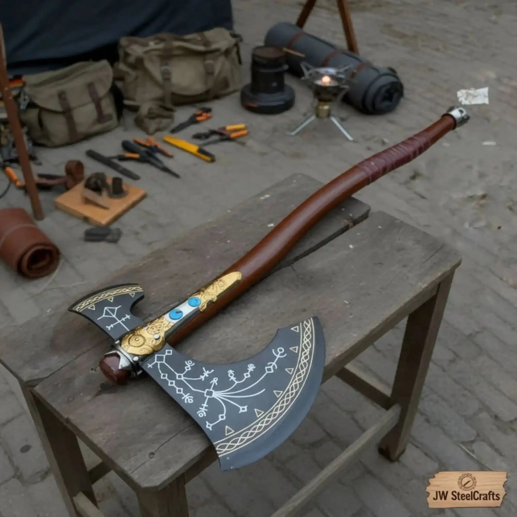 Hand Forged Viking Fantasy Double-Bit Axe with Norse Engraving, Gold Handle Fittings and Blue Gemstone Inlays by JW SteelCrafts, handmade jewelry detail photo 12