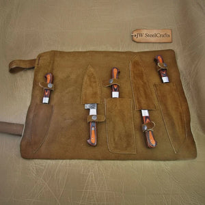 5-Piece Handmade Damascus Kitchen Knife Set with Red Pakka Wood Handles by JW SteelCrafts, Damascus knife detail photo 3