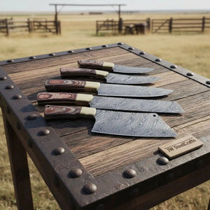 Handmade Damascus Kitchen Knife Set of 5 with Full Tang Wood Handles by JW SteelCrafts, Damascus knife main product photo