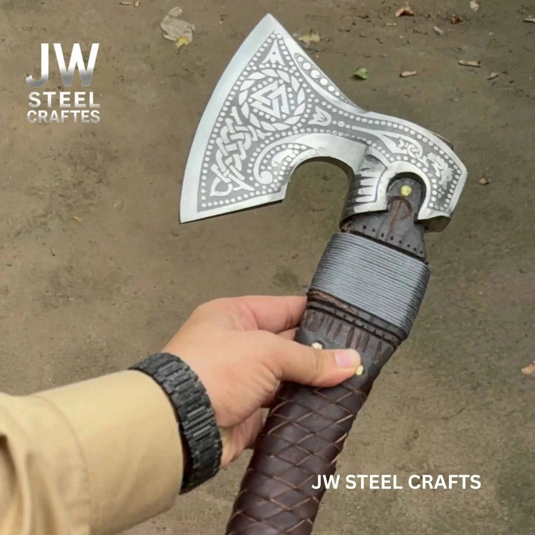 Viking Style Engraved Axe | Handcrafted Leather Wrapped Handle by JW SteelCrafts, handmade axe main product photo