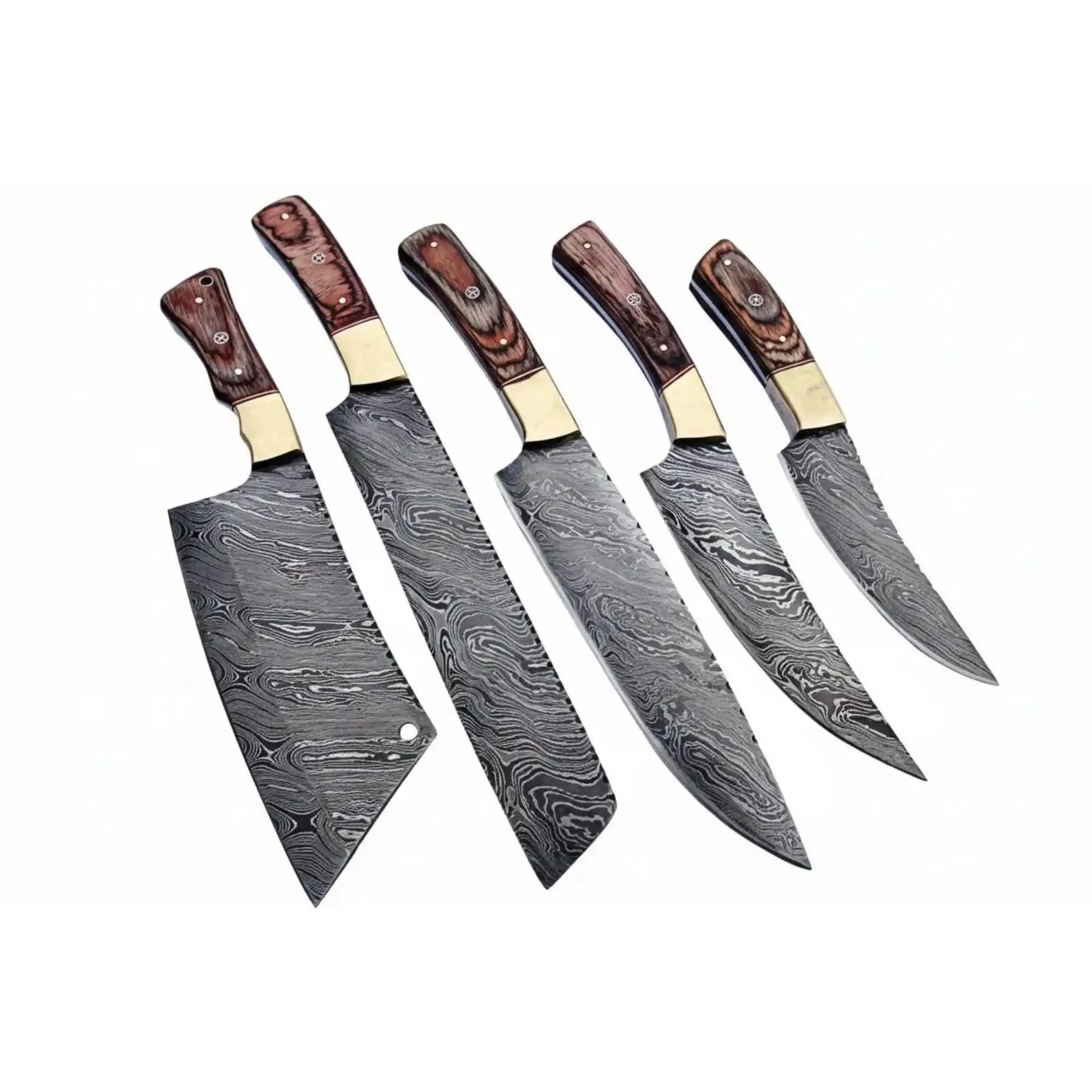 Handmade Damascus Kitchen Knife Set of 5 with Full Tang Wood Handles by JW SteelCrafts, Damascus knife detail photo 3
