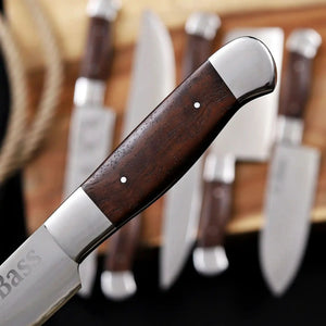 6-Piece High Carbon Steel Kitchen Knife Set with Leather Roll — Olive Wood Handles, Steel Bolsters, 7 to 12 Inc detail view