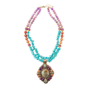 Prescott Blue Turquoise Purple and Orange Statement Pendant Golden Necklace detail view by Barse Jewelry