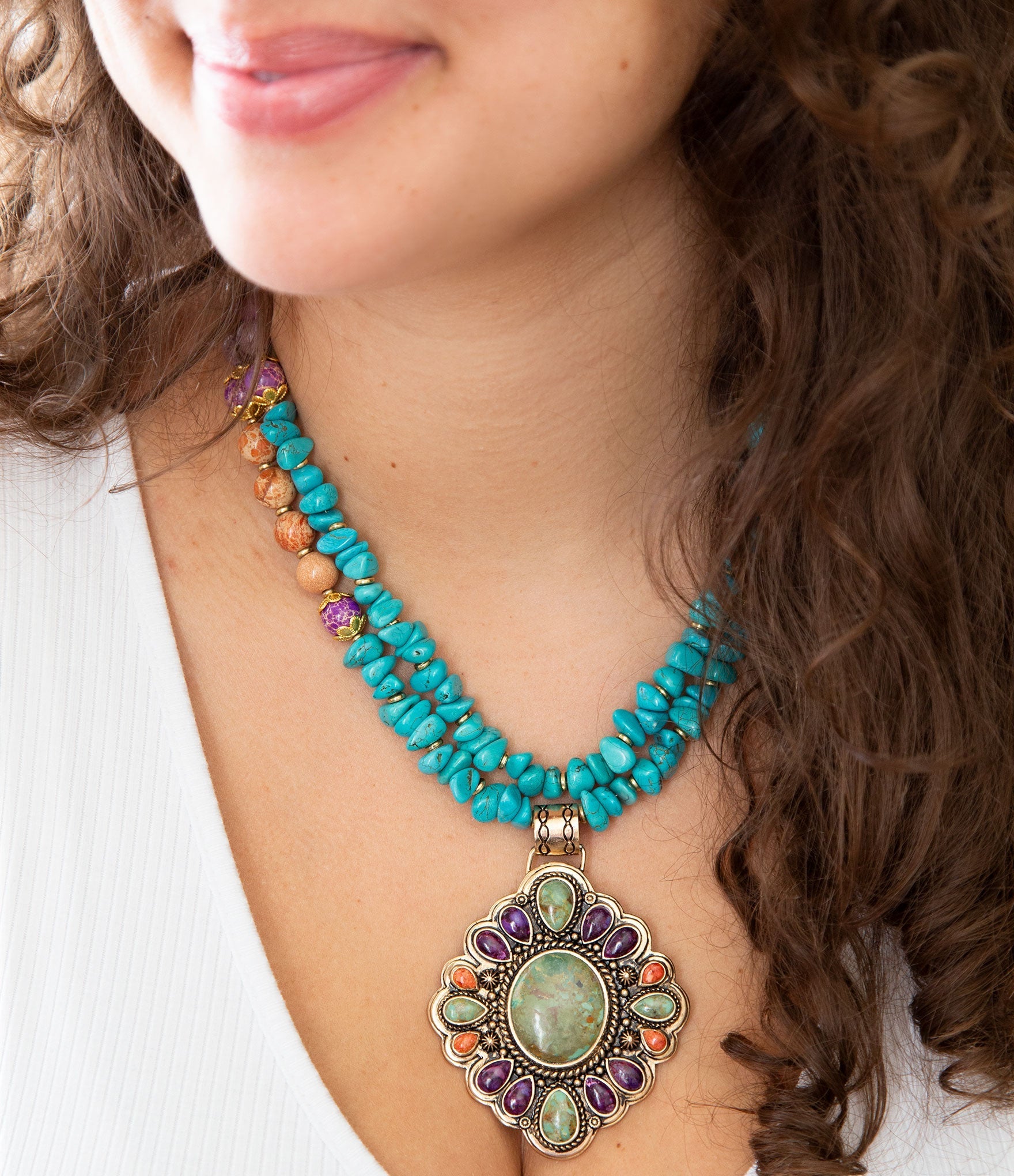 Prescott Blue Turquoise Purple and Orange Statement Pendant Golden Necklace detail view by Barse Jewelry