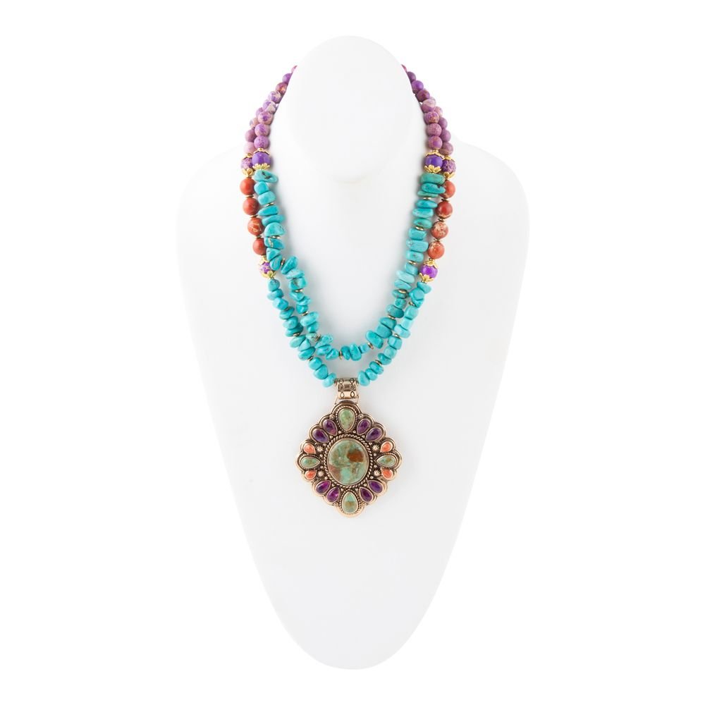 Prescott Blue Turquoise Purple and Orange Statement Pendant Golden Necklace detail view by Barse Jewelry