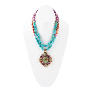 Prescott Blue Turquoise Purple and Orange Statement Pendant Golden Necklace detail view by Barse Jewelry