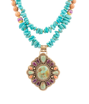 Prescott Blue Turquoise Purple and Orange Statement Pendant Golden Necklace by Barse Jewelry