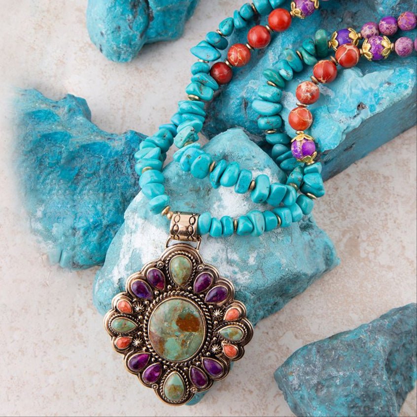 Prescott Blue Turquoise Purple and Orange Statement Pendant Golden Necklace detail view by Barse Jewelry