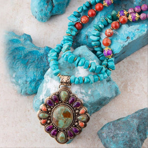 Prescott Blue Turquoise Purple and Orange Statement Pendant Golden Necklace detail view by Barse Jewelry