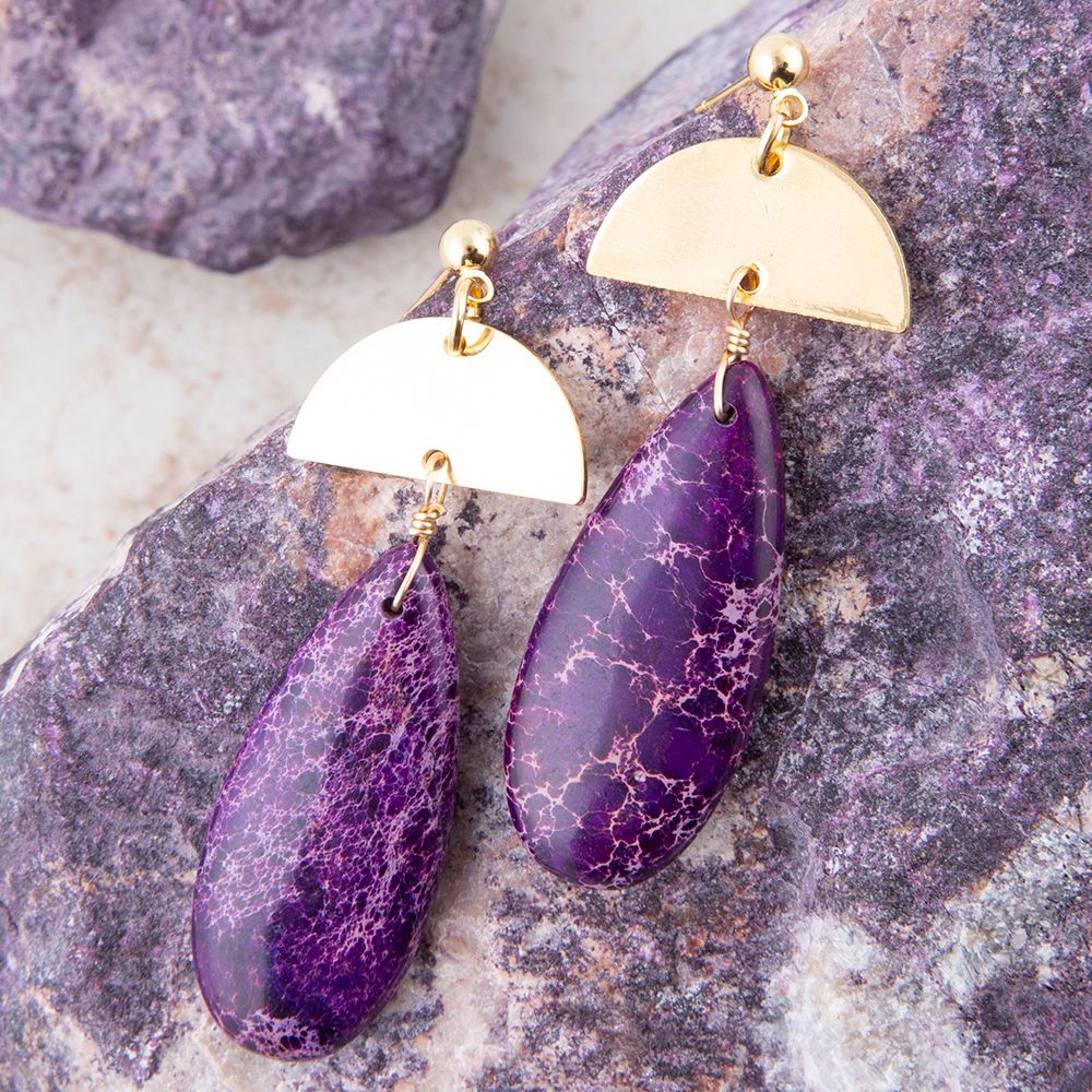 Prescott Purple Jasper Golden Drop Earrings detail view by Barse Jewelry