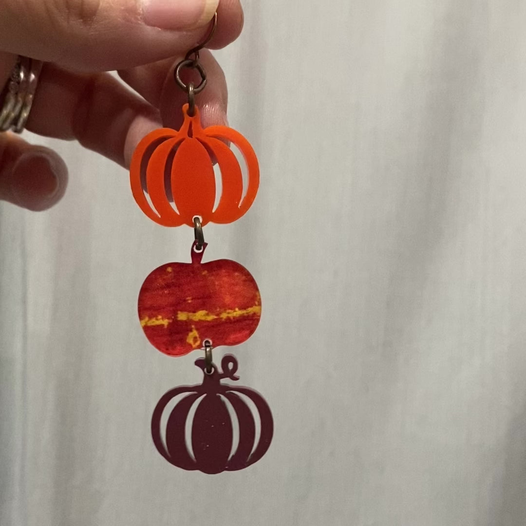 Stacked Pumpkin Acrylic Earrings by Poor Hog Customs, handmade jewelry detail photo 2