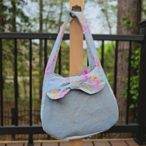 Upcycled Denim Shoulder Bag with Floral Bow, Handmade Denim Purse, Small Hobo Bag by Maypop House Designs, handmade leather goods detail photo 6