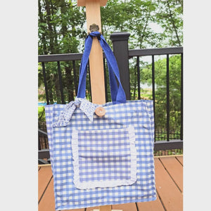 Handmade Blue Gingham Tote Bag with Pockets & Floral Lining by Maypop House Designs, handmade leather goods detail photo 9