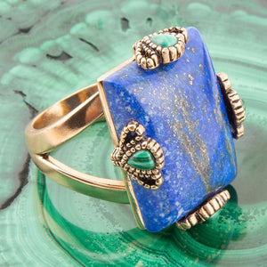 Prismatic Blue Lapis and Malachite Golden Ring detail view by Barse Jewelry