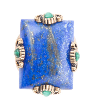 Prismatic Blue Lapis and Malachite Golden Ring detail view by Barse Jewelry