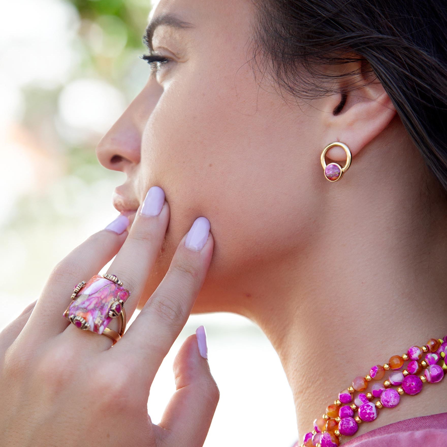 Prismatic Pink Spiny Oyster Matrix Statement Ring detail view by Barse Jewelry