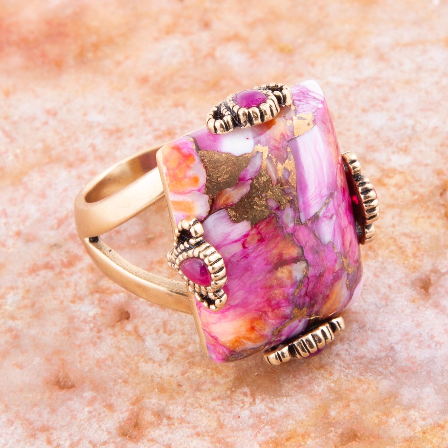 Prismatic Pink Spiny Oyster Matrix Statement Ring detail view by Barse Jewelry