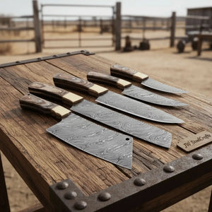 Handmade Damascus Kitchen Knife Set of 5 with Full Tang Wood Handles by JW SteelCrafts, Damascus knife detail photo 5