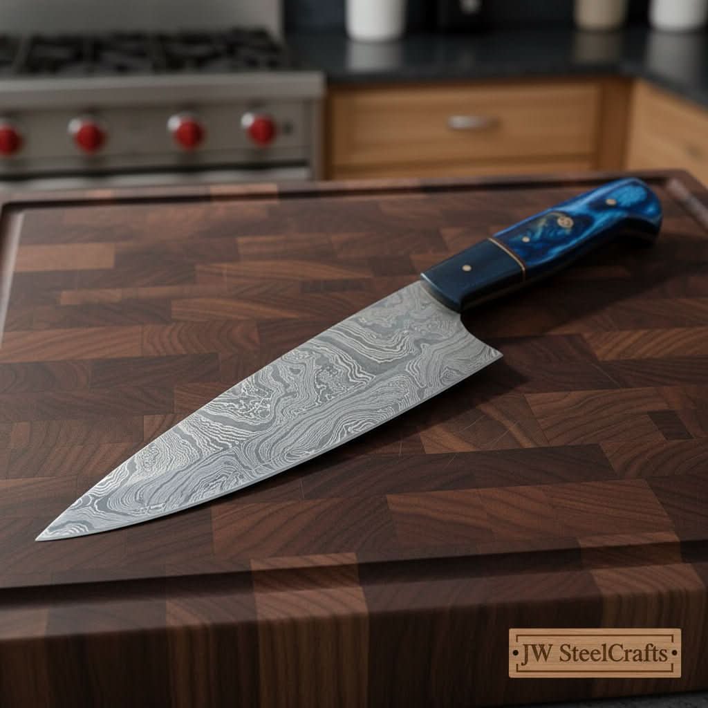 Chef Knife, Raindrop Pattern Damascus Steel Blade, Blue Resin and Black Wood Handle, Full Tang Professional Kitchen Knife, JW SteelCrafts by JW SteelCrafts, Damascus knife main