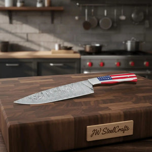 Damascus Chef Knife USA Flag Resin Handle | Hand-Forged Performance Blade by JW SteelCrafts