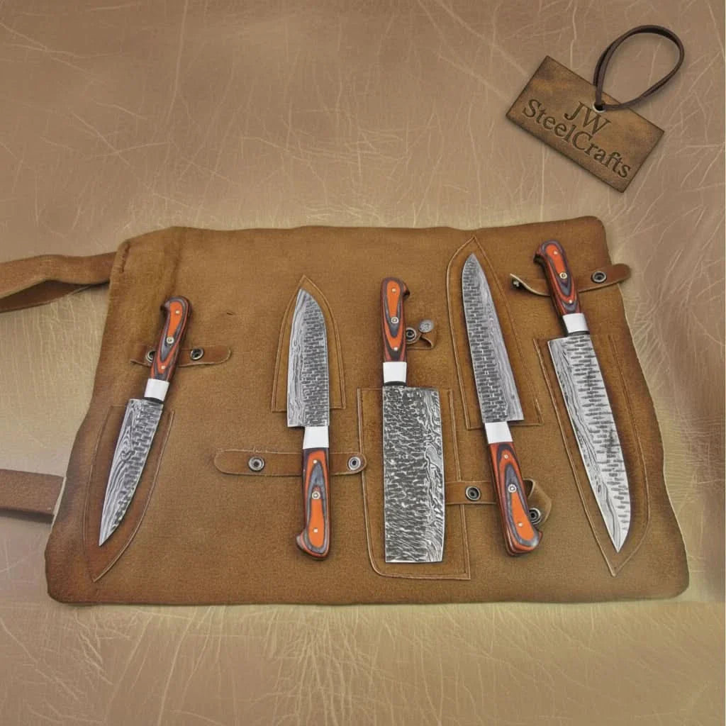 5-Piece Handmade Damascus Kitchen Knife Set with Red Pakka Wood Handles by JW SteelCrafts, Damascus knife detail photo 5