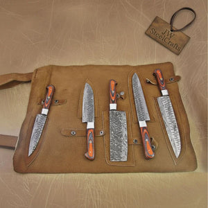 5-Piece Handmade Damascus Kitchen Knife Set with Red Pakka Wood Handles by JW SteelCrafts, Damascus knife detail photo 5