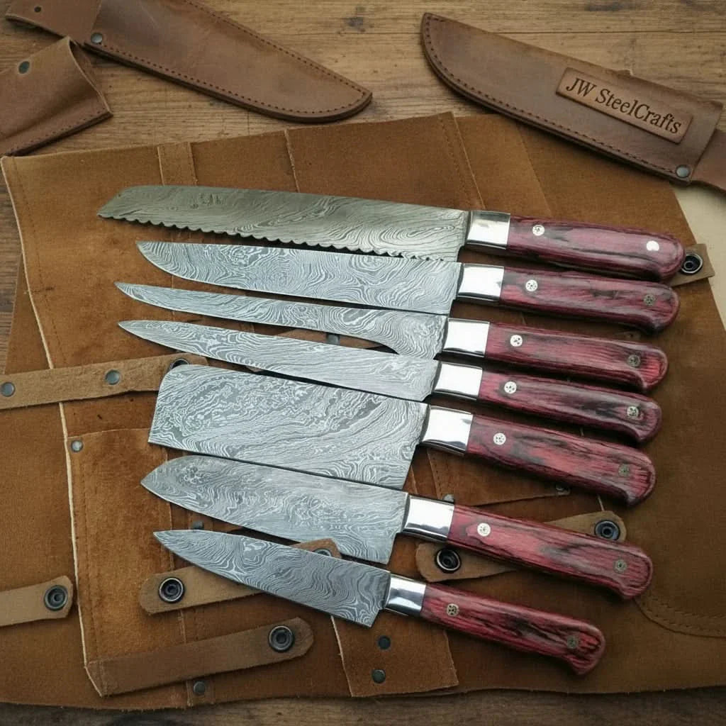 8-Piece Damascus Kitchen Knife Set — Red Pakka Wood Handles by JW SteelCrafts, Damascus knife detail photo 4