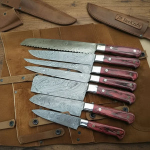 8-Piece Damascus Kitchen Knife Set — Red Pakka Wood Handles by JW SteelCrafts, Damascus knife detail photo 4