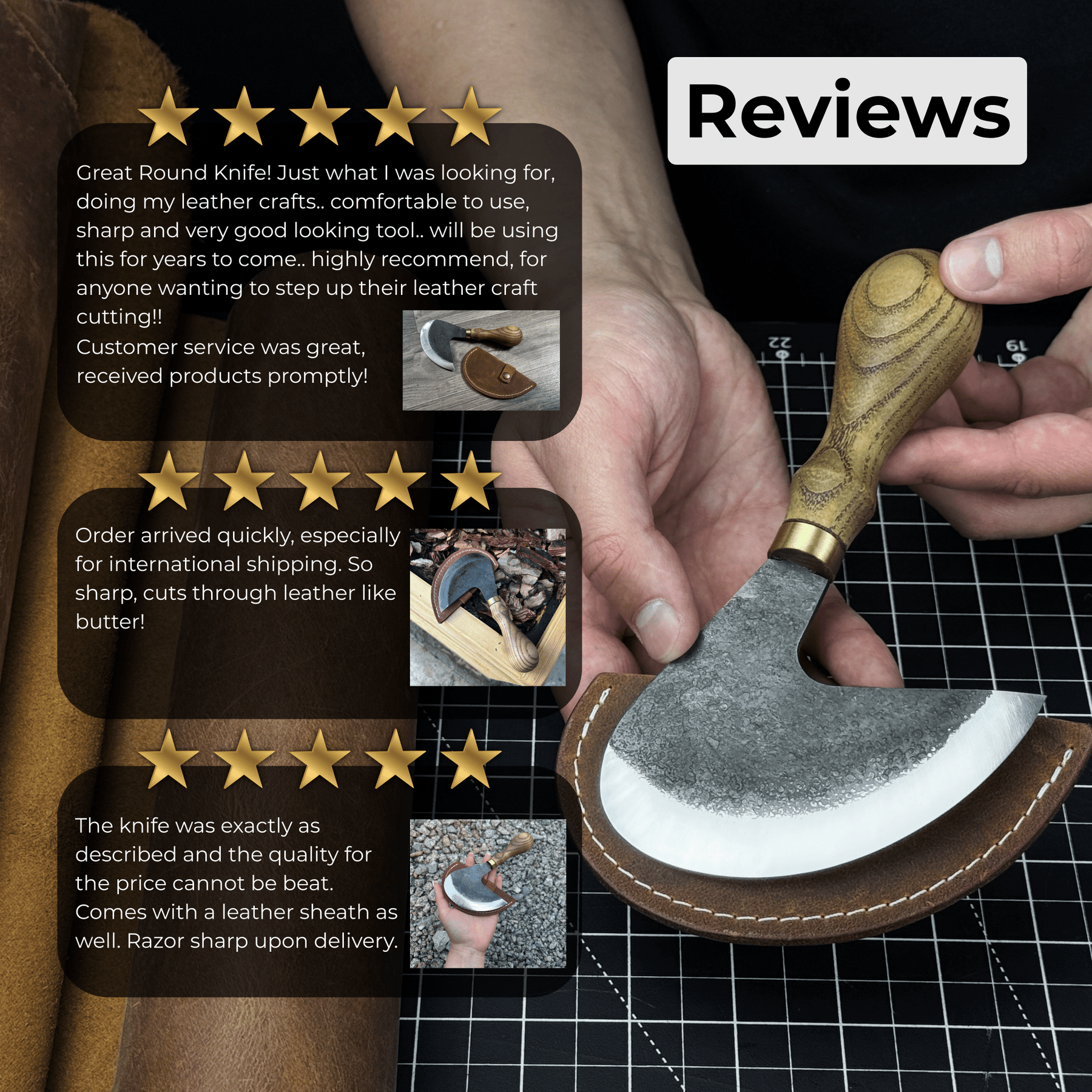 Professional Leather Crafting Half Round Knife, 10.5 cm (4.1 inches) detail view by Sharky Forged Steel Tools