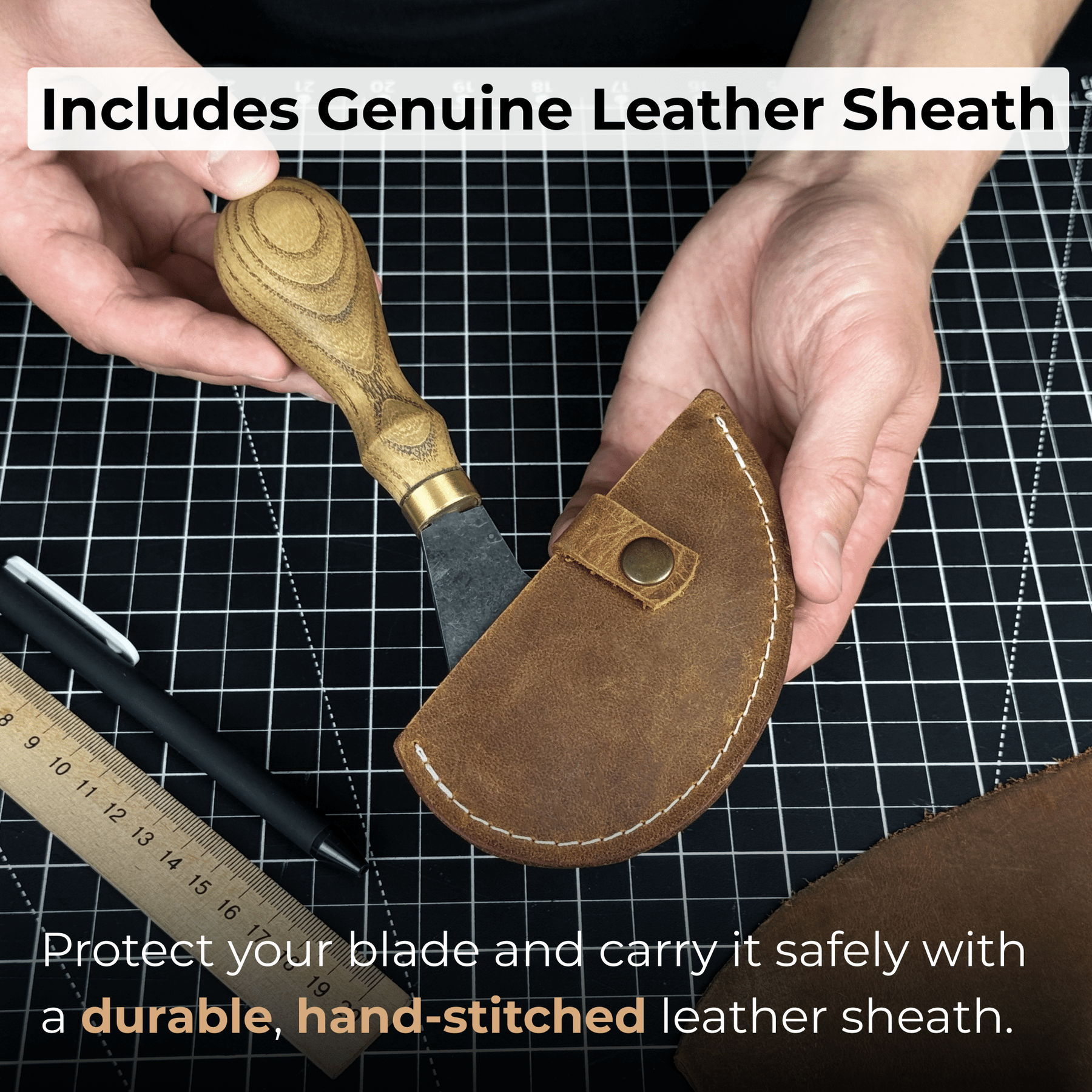 Professional Leather Crafting Half Round Knife, 10.5 cm (4.1 inches) detail view by Sharky Forged Steel Tools