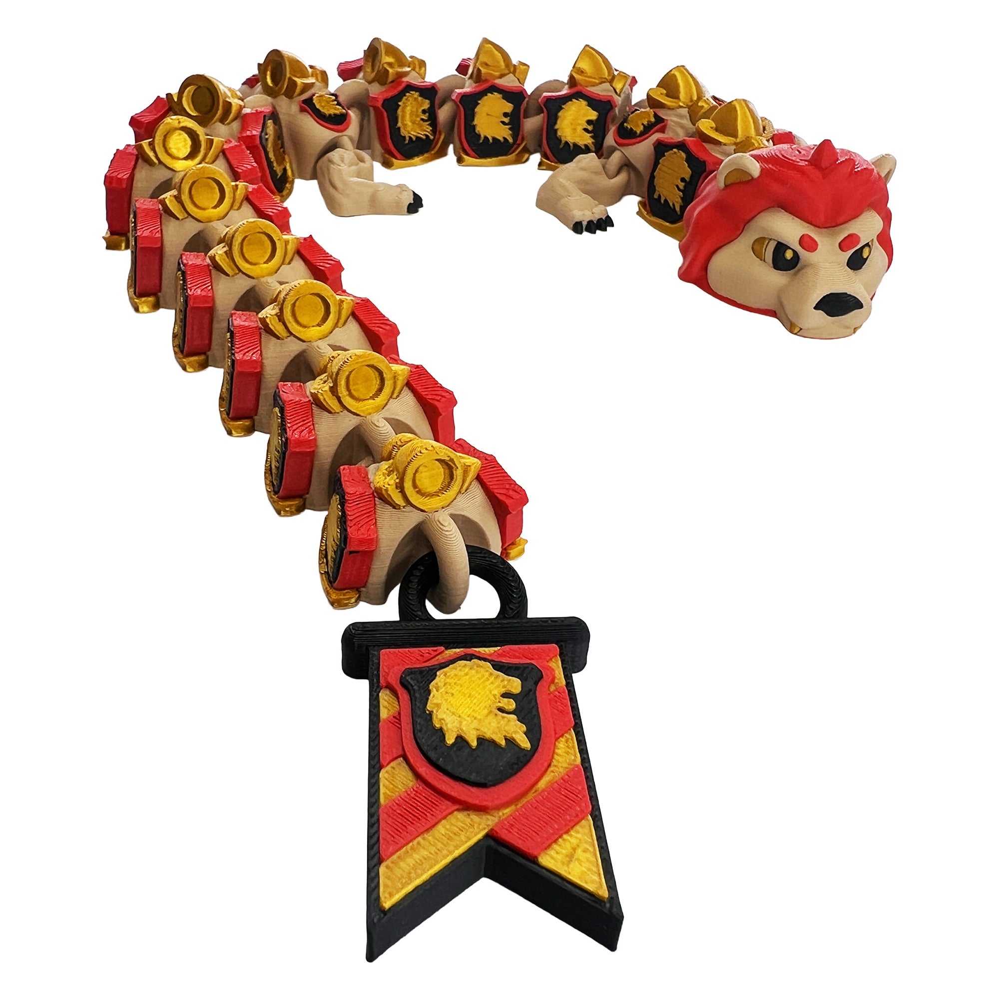 Professor Lion Dragon articulated 3D printed flexi dragon with red mane, gold armor details, and banner tail