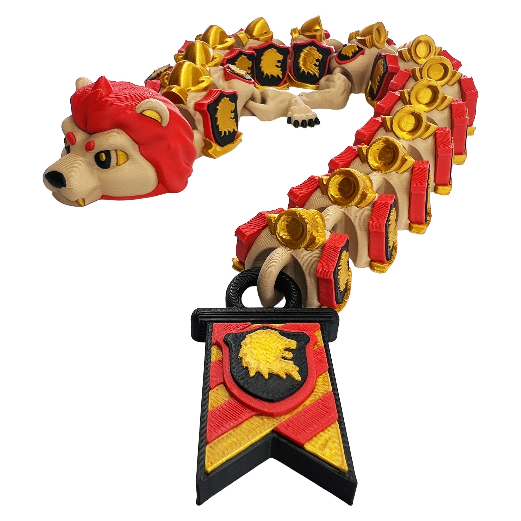 Professor Lion Dragon articulated 3D printed flexi dragon curled with gold armor and banner tail