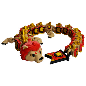 Professor Lion Dragon articulated 3D printed flexi dragon in a wide curled pose with gold armor and banner tail