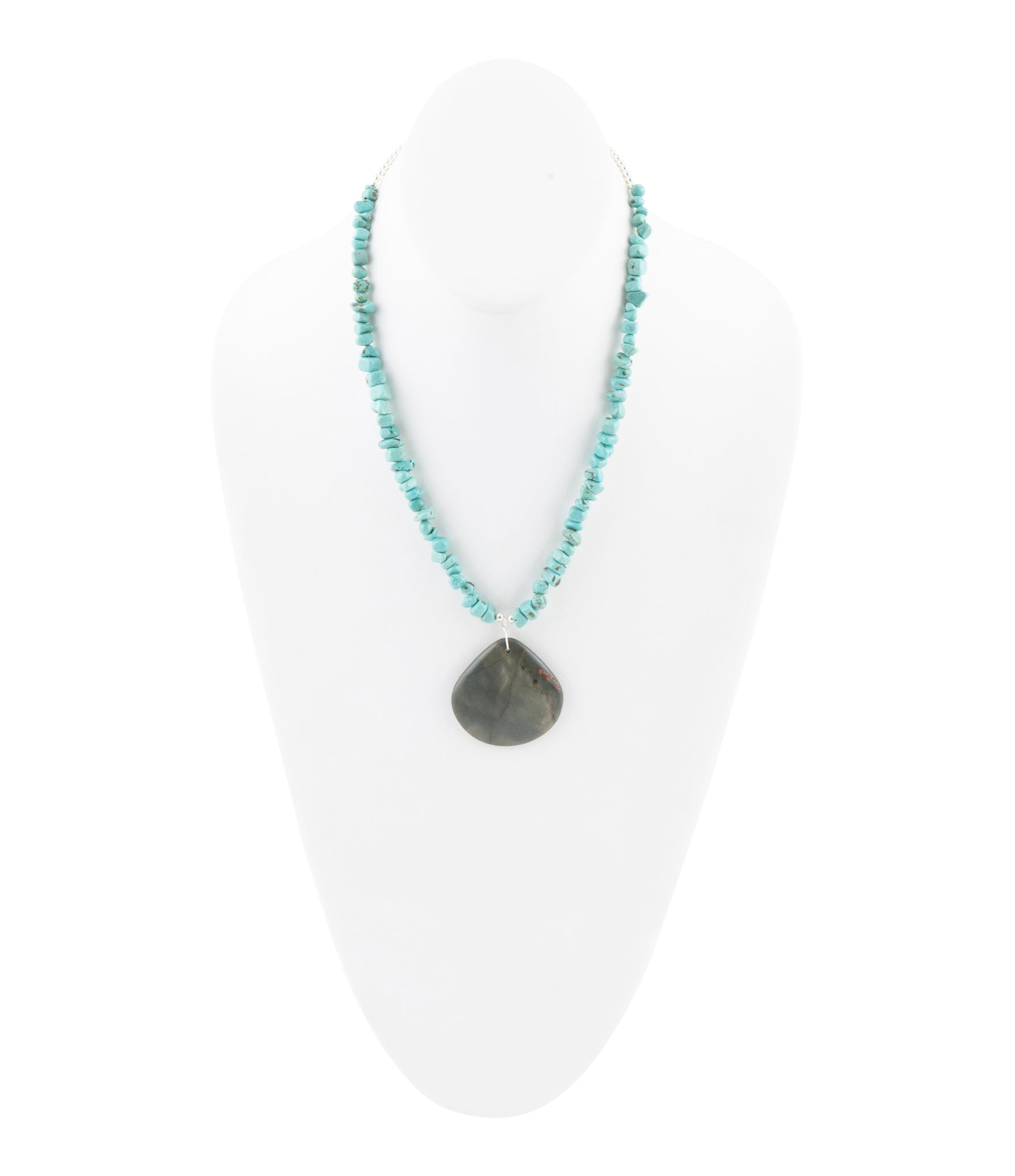 Pueblo Blue Turquoise Magnesite and Jasper Sterling Silver Necklace detail view by Barse Jewelry
