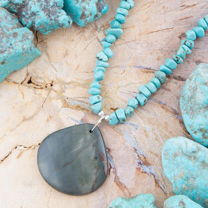 Pueblo Blue Turquoise Magnesite and Jasper Sterling Silver Necklace detail view by Barse Jewelry