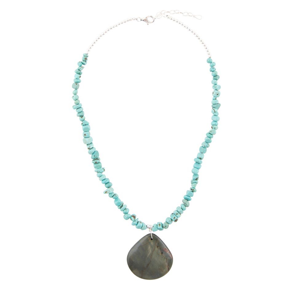 Pueblo Blue Turquoise Magnesite and Jasper Sterling Silver Necklace detail view by Barse Jewelry