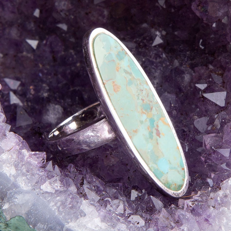 Pueblo Blue Turquoise and Sterling Silver Oval Ring detail view by Barse Jewelry